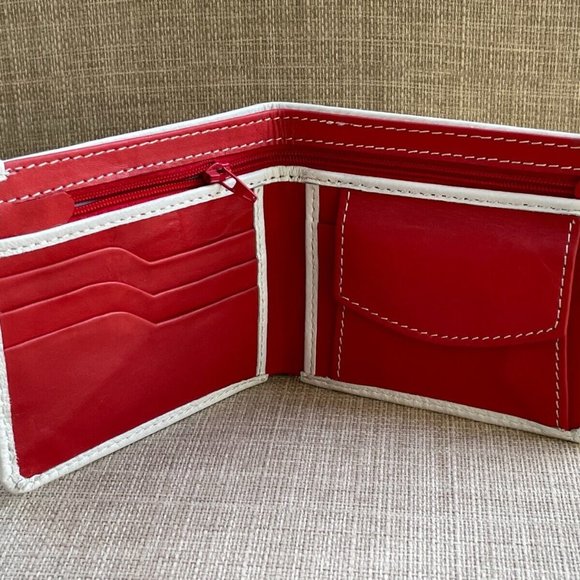 Men Wallet Card Holder WhiteRed Genuine Leather Wallet Bifold Handmade Purse